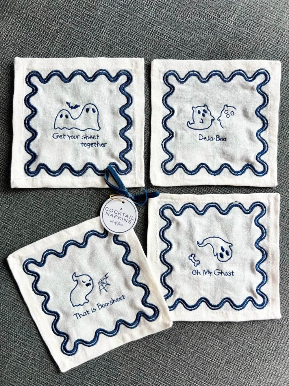Anthropologie Halloween ghost boo cocktail party napkins 100% cotton - set of 4